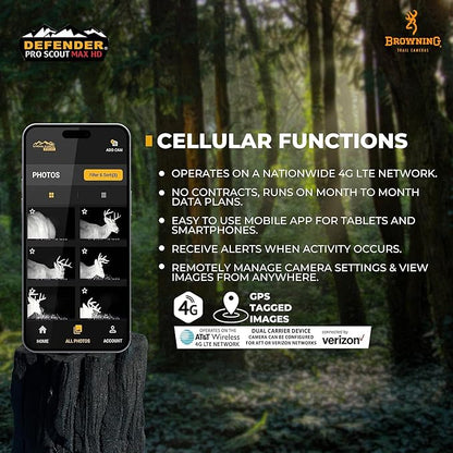 Browning Defender Pro Scout Max HD 24MP Dual SIM Cellular Trail Camera - Ultra High Gain Antenna, Smart Infrared Video, 100' Detection Range & Smartphone App Compatibility (OVIX Camo)