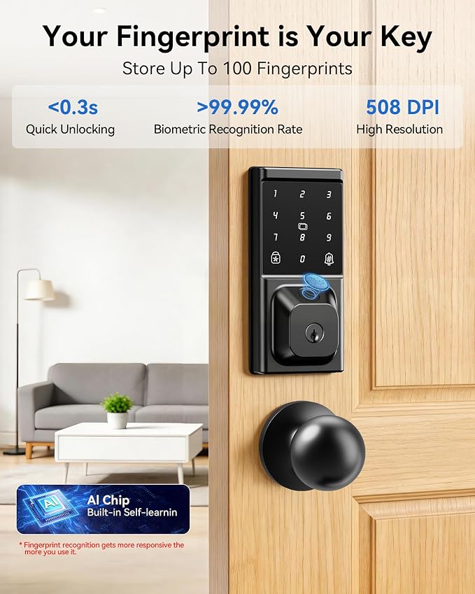 Keyless Entry Door Lock with Knob Handle, Fingerprint Smart Lock