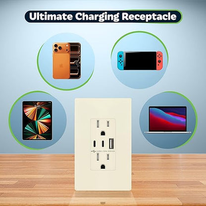 TOPGREENER 4.2A 3-Port Type C USB Outlet, 15 Amp Receptacle Plug, Charging Power Outlet with Dual Type C&A Ports, Screwless Wall Plate Included, UL Listed, TU21542AC2-LASID, Light Almond, 2 Pack