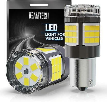 BEAMTECH Upgraded 1156 LED Bulbs for Turn Signal Lights, Build-in CANBUS, 6500K White Super Brighte, 1141 1003 7506 BA15S Reverse Back Up Lights, Tail Brake Parking Lights, Pack of 2