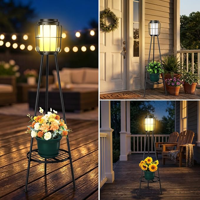 MXwcy 2 Pack Solar Lights Outdoor with Plant Stand, Waterproof Solar Floor Lamp & Tall Metal Planter Holder for Outside, Decorative Tripod Pathway Lantern for Patio, Garden, Porch, Yard Decor
