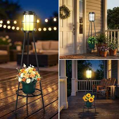 MXwcy 2 Pack Solar Lights Outdoor with Plant Stand, Waterproof Solar Floor Lamp & Tall Metal Planter Holder for Outside, Decorative Tripod Pathway Lantern for Patio, Garden, Porch, Yard Decor