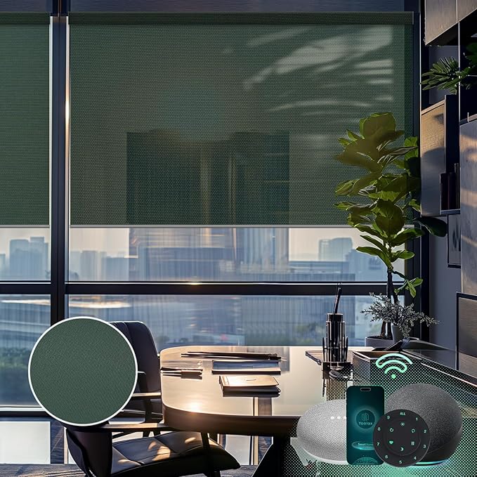 Yoolax Motorized Solar Shades Light Filtering Motorized Blinds with Remote Smart Blinds Compatible with Alexa, Google, Flame Retardant Roller Shades for Windows, Customized (3% Openness Jade Green)