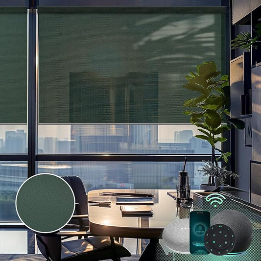 Yoolax Motorized Solar Shades Light Filtering Motorized Blinds with Remote Smart Blinds Compatible with Alexa, Google, Flame Retardant Roller Shades for Windows, Customized (3% Openness Jade Green)