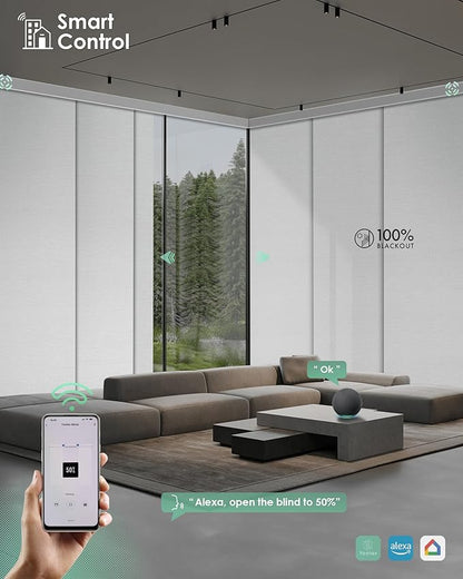 Yoolax Custom XL Smart Sliding Door Blinds, Motorized Sliding Panel Blinds Compatible with Alexa, Blackout Vertical Blinds for Glass Doors, Patio Doors, Closet Doors, Jacquard White