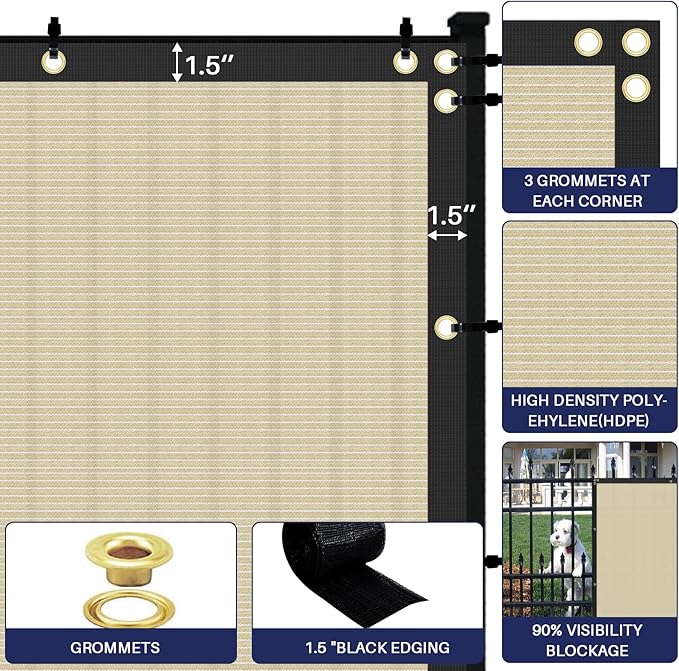 Windscreen4less Privacy Fence Screen Heavy Duty Windscreen Fencing Mesh Fabric Shade Net Cover with Brass Grommtes for Outdoor Wall Garden Yard Pool Deck, 6'x194' Beige