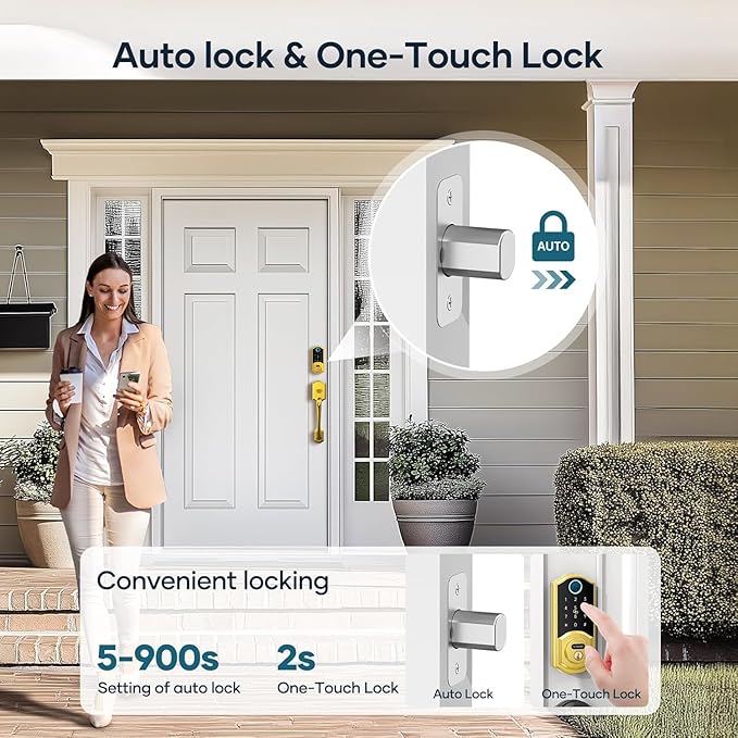 SMONET Smart Lock Front Door with Handle, Keyless Entry Door Lock Set, Fingerprint Smart Deadbolt with App Bluetooth, Electronic Keypad Auto Lock Compatible with Alexa, Gold