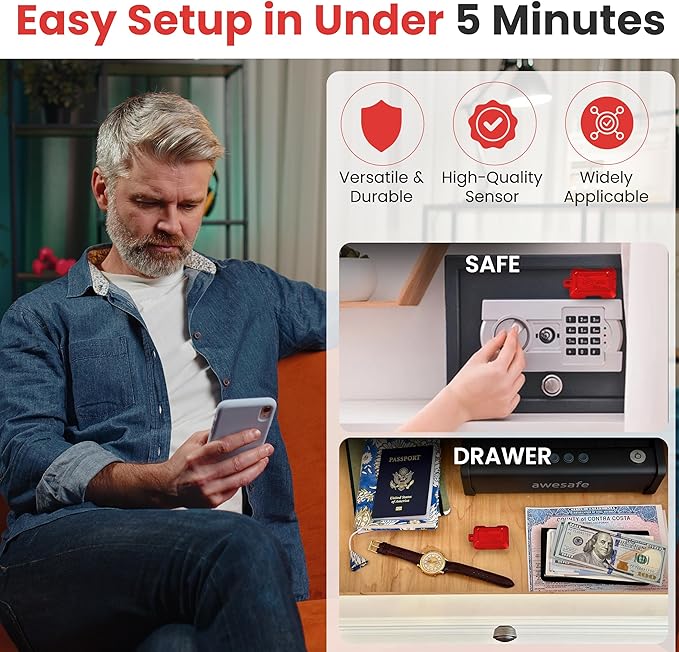 Kini Safe Alert Wi-Fi Motion Sensor Alarm - Real-Time App, SMS & Email Alerts - Gun Safes, Cabinets, Drawers - Easy Install, No Subscription, Rechargeable 12-18 Month Battery, IFTTT, USA-Made
