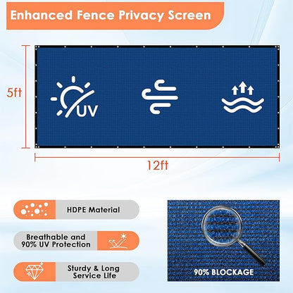 iCover 5x12ft Fence Privacy Screen, Heavy Duty Fencing Panels Screens, Outdoor Shade Cloth Mesh Barrier, Reinforced Bindings and Brass Grommets, Cable Zip Ties Included, Blue