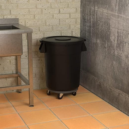 32 Gallon Black Round Commercial Trash Can with Lid and Dolly, Heavy-Duty Food Grade NSF Certified, Perfect for Restaurant, Office, School, Garage, Backyard, Workshop, Warehouse