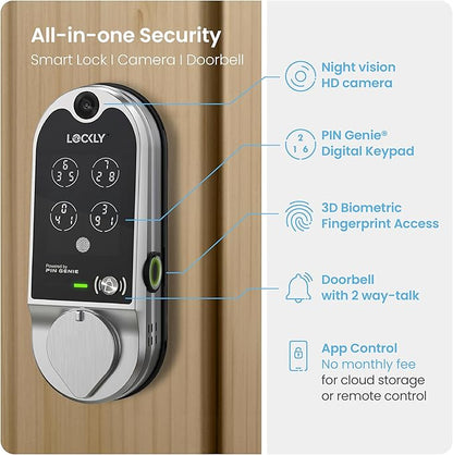 (Refurbished) Lockly Vision Smart Lock with Camera, Video Doorbell Keyless Entry Door Lock Wi-Fi, PIN Genie Keypad, Fingerprint, Auto Lock, Remote Control, Easy Installation, No Monthly Fee
