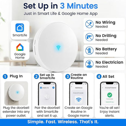 LUCKYDUO WiFi Doorbell Chime for Google Nest, 58 Tones, LED Flash