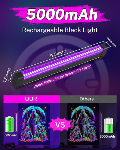 2 Pack Rechargeable Black Light Bar, 5000mAh Large Capacity Battery Powered Black Lights for Glow Party, Portable Blacklight Party Supplies for Uranium Glass, Fluorescent Poster, Bedroom, Halloween