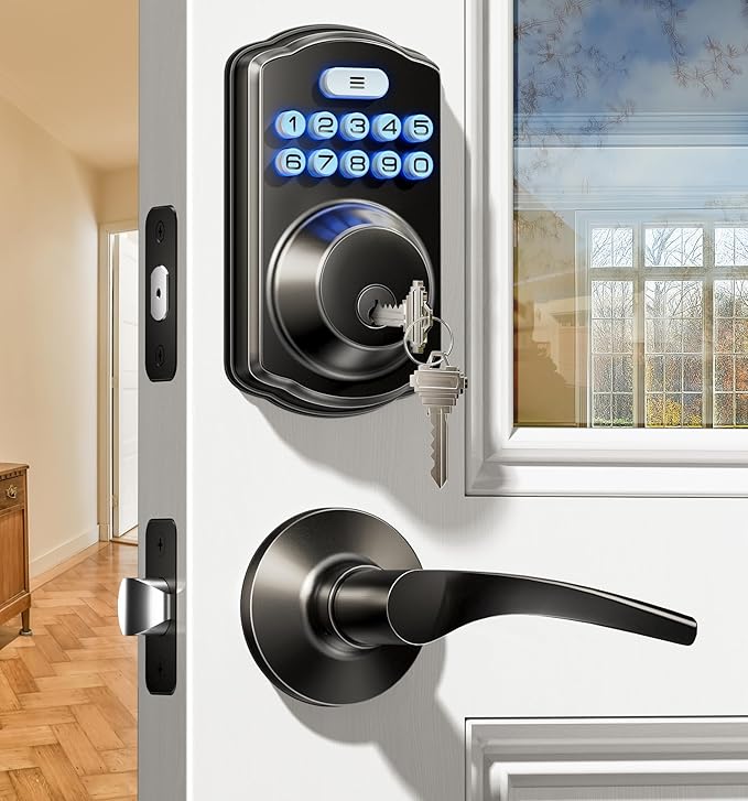 Veise Keyless Entry Door Lock with 2 Lever Handles - Electronic Keypad Deadbolt, Easy Installation Digital Smart Front Door Lock Set, Matte Black