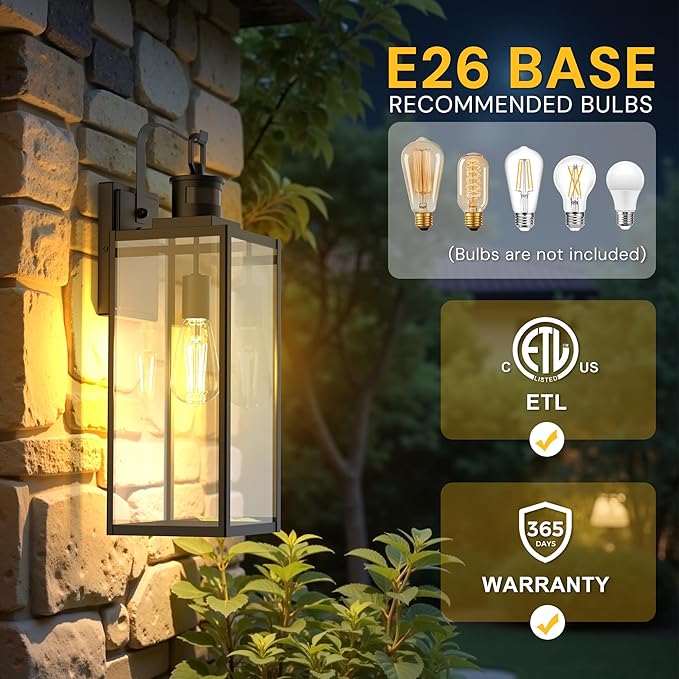 L LOHAS LED Large Size Motion Sensor Outdoor Wall Lights, 20 Inch Black Waterproof Anti-Rust Outdoor Light Fixtures Wall Mount with Clear Glass Shade for Porch, Garage, ETL Listed, 2 Pack