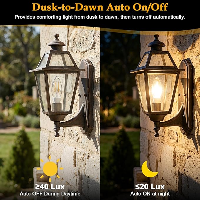 E12 Dusk to Dawn Light Bulbs Outdoor, C35 B11 5W 60W Equivalent 500LM 2700K Soft White Photocell Sensor Filament Candelabra Bulbs, Auto ON/Off Edison Outdoor Bulbs for Garage, Porch, 6 Pack