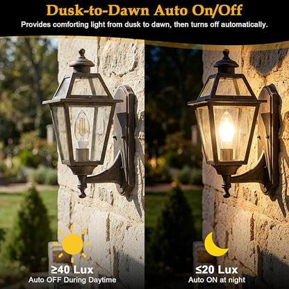E12 Dusk to Dawn Light Bulbs Outdoor, C35 B11 5W 60W Equivalent 500LM 2700K Soft White Photocell Sensor Filament Candelabra Bulbs, Auto ON/Off Edison Outdoor Bulbs for Garage, Porch, 6 Pack