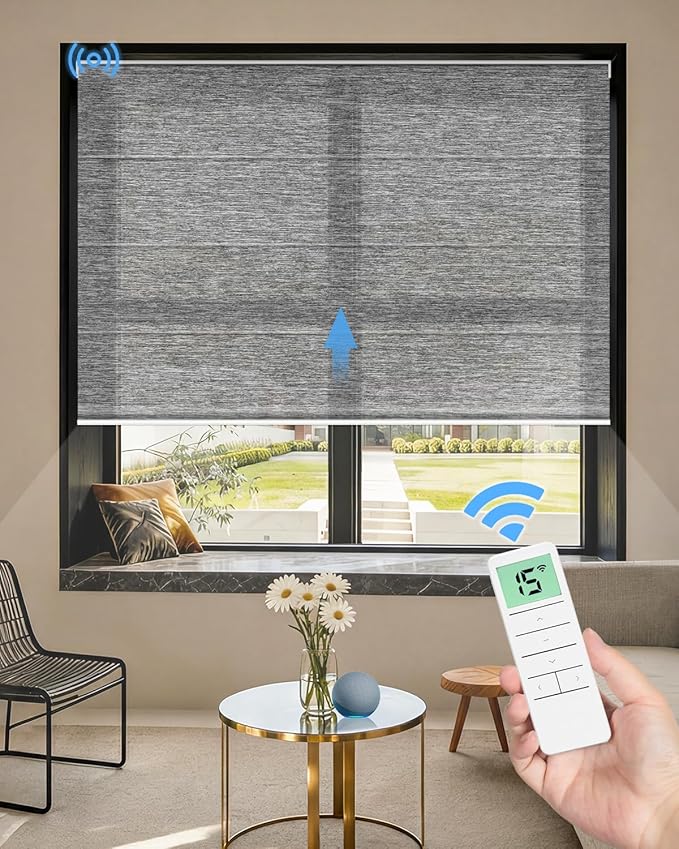 Motorized Roman Shades for Windows, Custom Light Filtering Roman Blinds with Remote, Smart Privacy Window Shades for Living Room Kitchen Office, Alexa & Google Home Compatible, App Control via RF Hub
