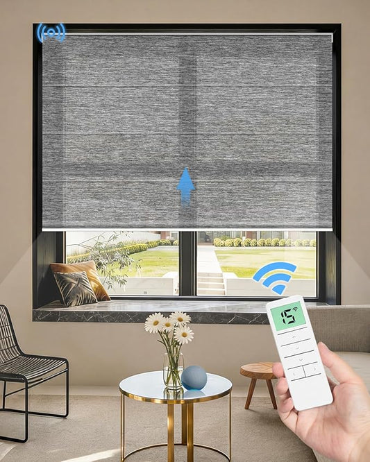 Motorized Roman Shades for Windows, Custom Light Filtering Roman Blinds with Remote, Smart Privacy Window Shades for Living Room Kitchen Office, Alexa & Google Home Compatible, App Control via RF Hub