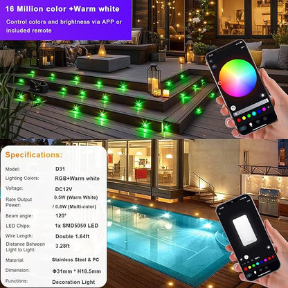Sumaote 10Pcs WiFi RGBW Deck Lights Kit, 1.22" Recessed Low Voltage Step Lights Outdoor, IP67 Waterproof RGB and 3000K Dimmable Landscape Lighting for Stairs Path Pool Side, Smart APP Control