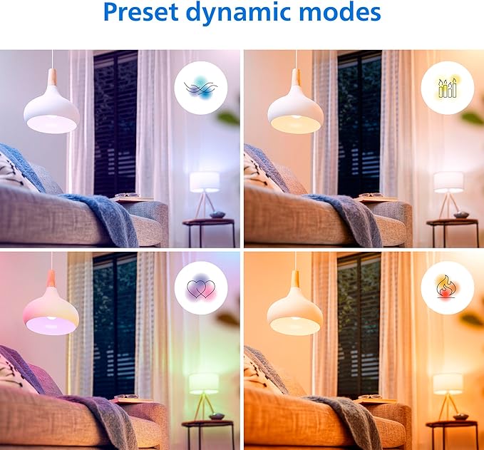 Philips Smart LED Full Color Light Bulb 4-Pack, A19 60W 800LM E26 Indoor, Sunset to Sunrise Automation + Motion Detection + Control with Voice or App, Matter Compatible