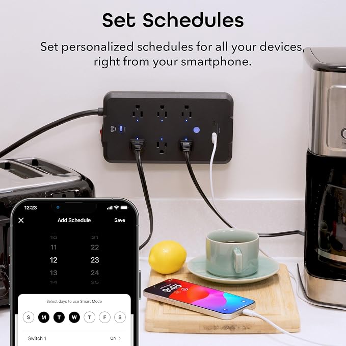 Geeni Smart Plug Power Strip, 6 Outlets & 2 USB Ports, Surge, 6 ft., Black | 6 smart outlets, 2 always-on outlets, Wi-Fi & voice control, 1200 joules protection