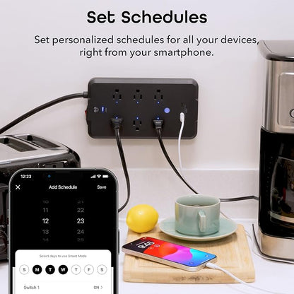 Geeni Smart Plug Power Strip, 6 Outlets & 2 USB Ports, Surge, 6 ft., Black | 6 smart outlets, 2 always-on outlets, Wi-Fi & voice control, 1200 joules protection