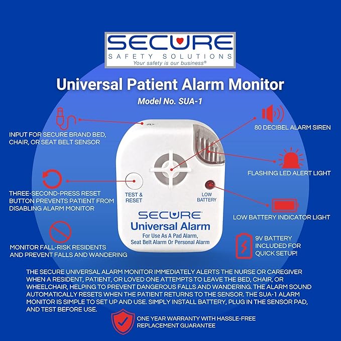 Secure Safety Solutions Chair and Bed Alarm for Elderly Fall Prevention - 80 dB Monitor, 12x12 and 12x30 Sensor Pads - Caregiver Alert System for Seniors, Dementia Patient Monitoring, Home Care Safety