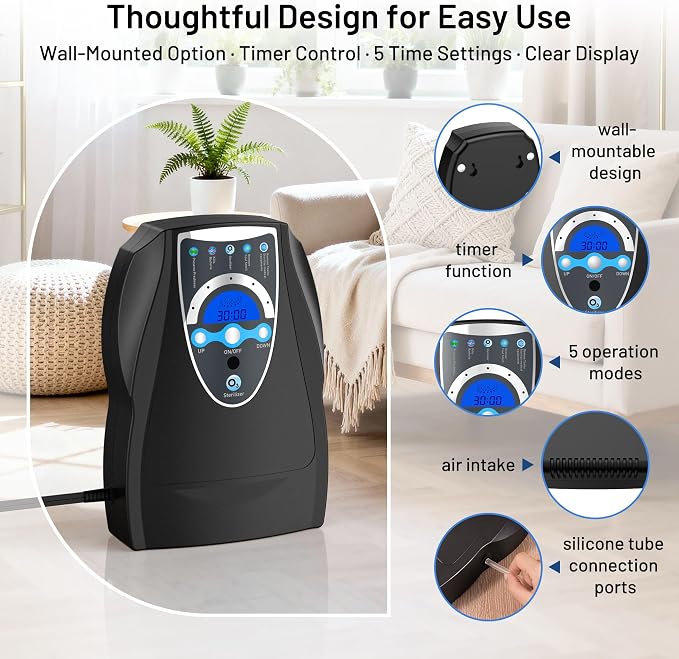 Ozone Machine Generator, 500mg/h Portable Ozone Machine for Home, Kitchen, Office, Cleaning Water, Fruits and Vegetables,Multifunctional with Timer, Black