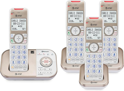 AT&T BL3112-4 Cordless Phone for Home - 4 Handsets, DECT 6.0, Bluetooth Cell Connect, Answering Machine, Smart Call Blocker, Caller ID, Intercom, Expandable