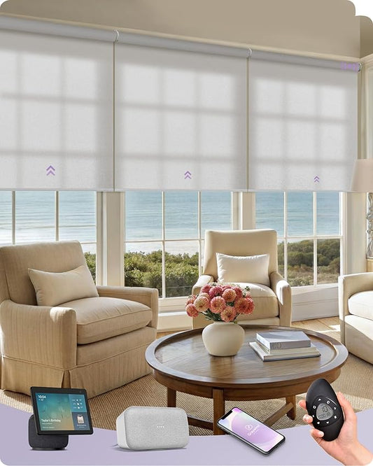 Graywind Smart Coupled Roller Shades Compatible with Alexa Google Custom Size Extra Large Motorized Blinds for Windows(Pure White)