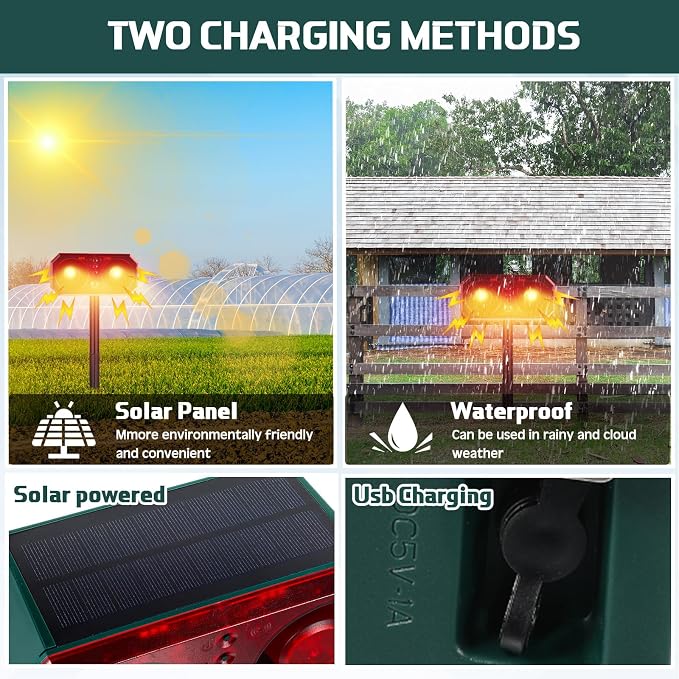 Qualirey 4 Pcs Solar Outdoor Motion Sensor Alarm with Stake Animal Deterrent Dog Barking Sensor 13 Sound 130dB Loud Noise Maker 4 Mode with USB Remote Control Support Recording Volume Adjustment