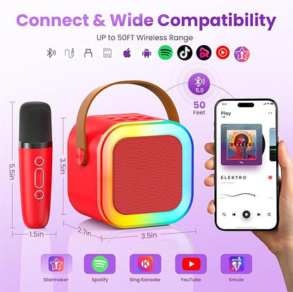 Mini Karaoke Machine for Kids Adults, 2026 TOP Birthday Gifts for Girls Boys 3,4,5,6,7,8+Year Old Toddler Toys, Portable Bluetooth Speaker with 2 Wireless Karaoke Microphones Player (Red)