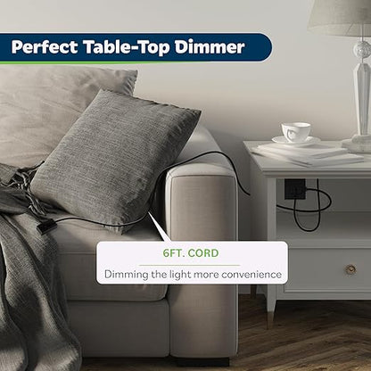 TOPGREENER Table-Top Plug in Dimmer for Table or Floor Lamps, Slide Control, Works with 360 Watt Incandescent and 150 Watt Dimmable CFL/LED, Off at Lowest dim, 6ft Cord, TGTTDL300-BK, Black, 2 Pack