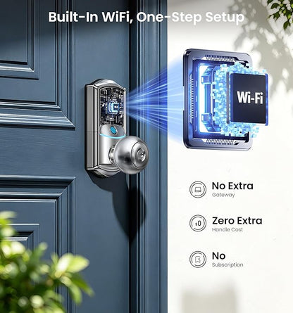 Veise VE028 Built-in Wi-Fi Smart Lock with Knob, Fingerprint Keyless Entry with Handle, App Remote & Voice Control, Electronic Digital Keypad for Front Door and Bedroom, IP65 Waterproof, Satin Nickel
