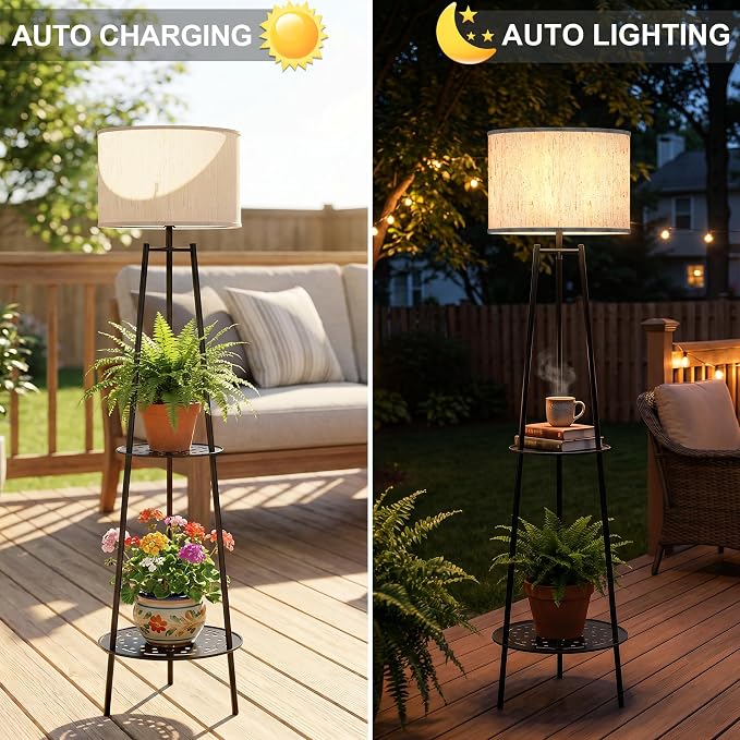 MXwcy 2Pack Solar Outdoor Floor Lamps with Plant Shelves, Waterproof Solar Standing Lamps for Patio Porch Garden Yard, Auto On/Off Warm LED Outdoor Floor Lights, Cordless 2-Tier Plant Stand Decor