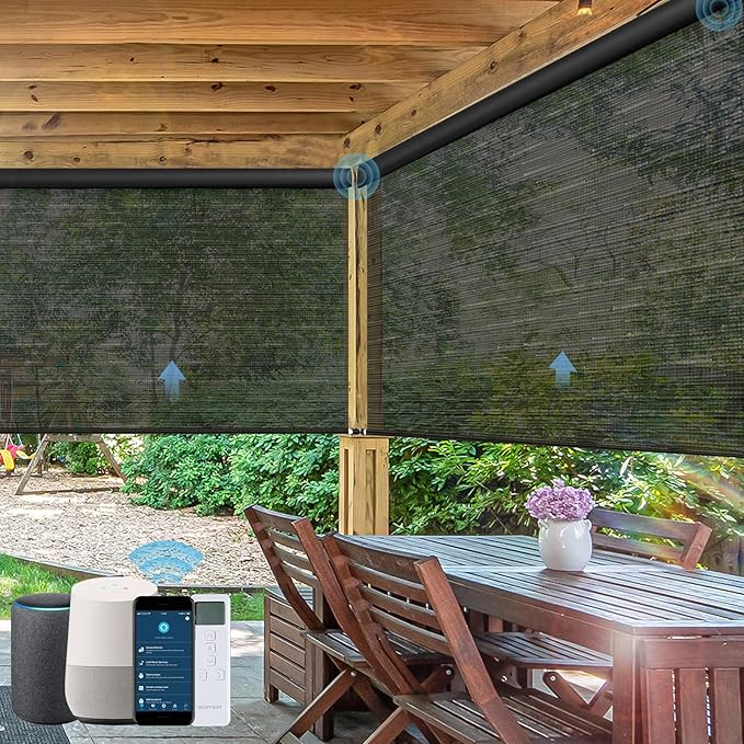 Motorized Outdoor Roller Shades,Patio Roll Up Blind Work with Alexa,Google,Apple Homekit,Remote Control Sun Shade,Waterproof &Windproof Smart Blinds for Porch,Sirus Black Gold, 5% Openness
