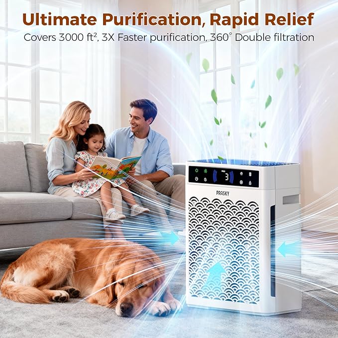 Air Purifiers for Home Large Room up to 3000sq.ft, PRASKY HEPA Air Purifier & with Activated Carbon for Office, Bedroom, Dorm Room, Kitchen