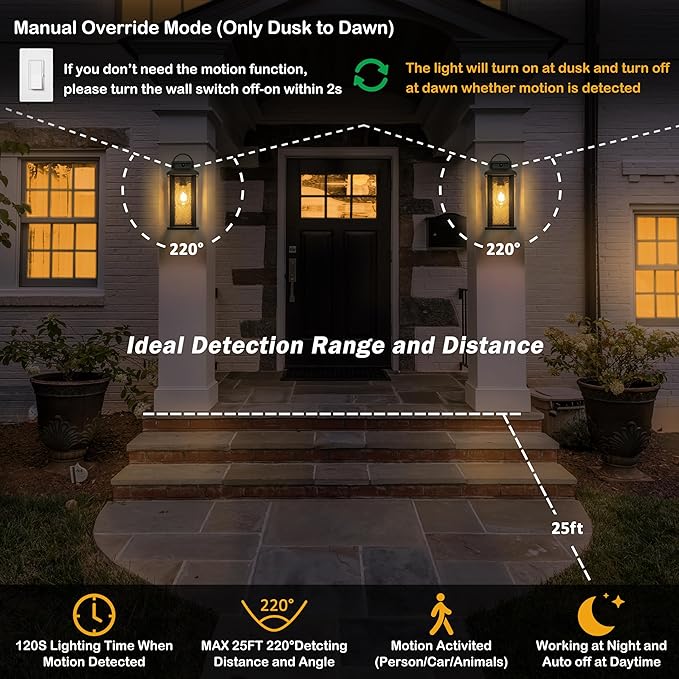 2 Pack Motion Sensor Outdoor Lights, Matte Black Dusk to Dawn Porch Lights Outdoor Light Fixture with Water Glass, 3 Lighting Modes Exterior Lighting Fixtures, Waterproof Outside Light for House