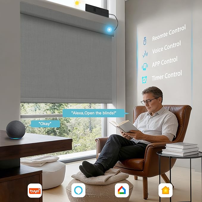 BERISSA Smart Motorized Blinds with Remote,No Drill Automatic Roller Blinds for Indoor Windows,Blackout Linen Fabric,Electric Shades for Windows Home Office,Double-Sided Light Grey,Custom Size