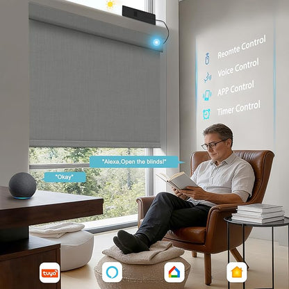 BERISSA Smart Motorized Blinds with Remote,No Drill Automatic Roller Blinds for Indoor Windows,Blackout Linen Fabric,Electric Shades for Windows Home Office,Double-Sided Light Grey,Custom Size