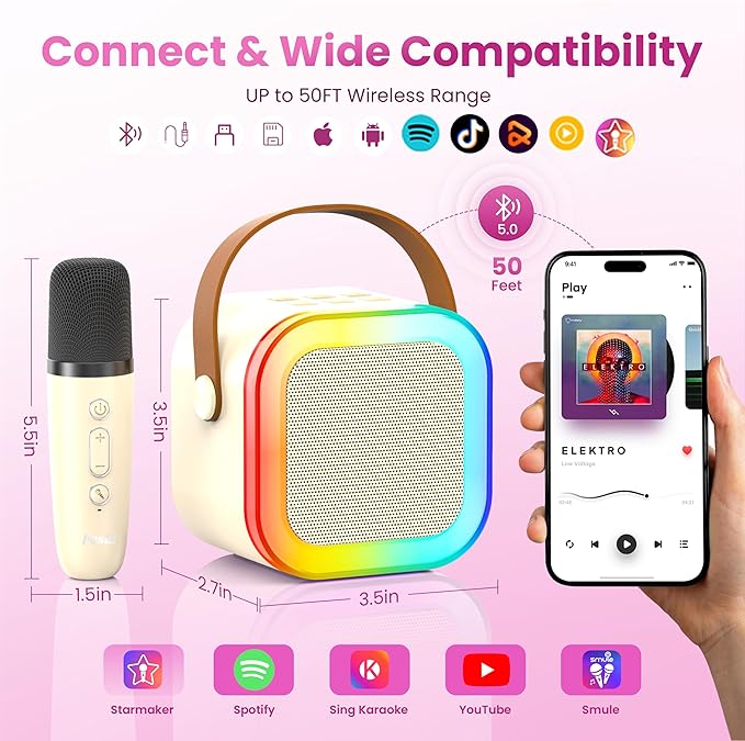 Mini Karaoke Machine for Kids Adults, 2026 TOP Birthday Gifts for Girls Boys 3,4,5,6,7,8+Year Old Toddler Toys, Portable Bluetooth Speaker with 2 Wireless Karaoke Microphones Player (Light Beige)