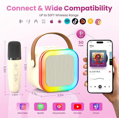 Mini Karaoke Machine for Kids Adults, 2026 TOP Birthday Gifts for Girls Boys 3,4,5,6,7,8+Year Old Toddler Toys, Portable Bluetooth Speaker with 2 Wireless Karaoke Microphones Player (Light Beige)
