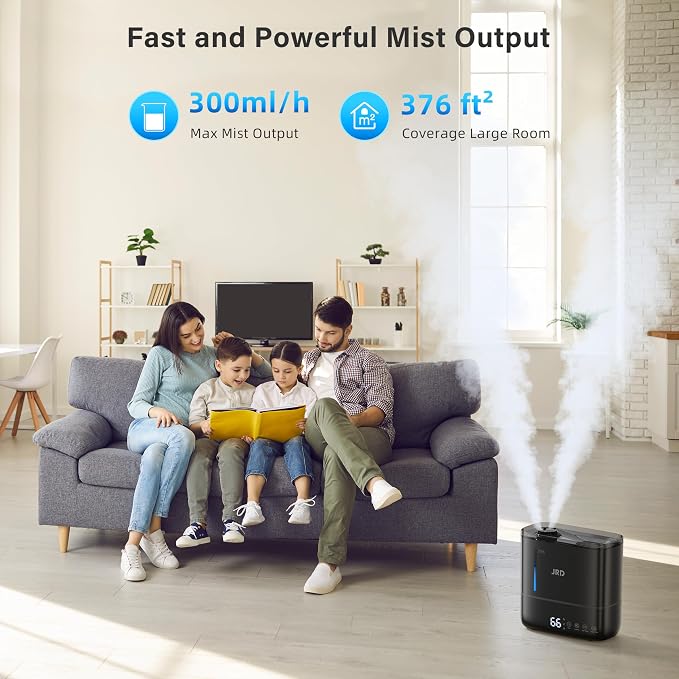 JRD Top Fill 4L Humidifiers for Bedroom, Cool Mist Humidifiers for Large Room, 40H Runtime, 360° Nozzle, Essential Oil Diffuser, Ultrasonic Humidifier for Home Baby Plants-Black
