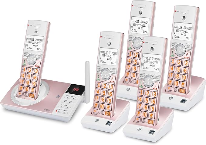 AT&T CL82557 DECT 6.0 5-Handset Cordless Phone for Home with Answering Machine, Call Blocking, Caller ID Announcer, Intercom and Long Range, Rose Gold