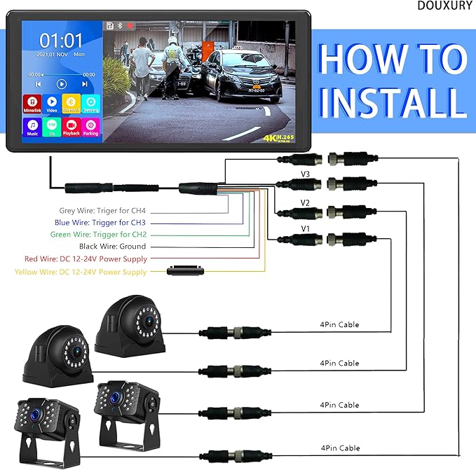 RV Backup Camera for RV Truck Semi Truck Trailer, 4K 10.36" Touch Monitor with Recording DVR MP5 Bluetooth Adjustable Parking Assist Line & Four 1080P AHD IP69 Waterproof Rear Side View Backup Cameras