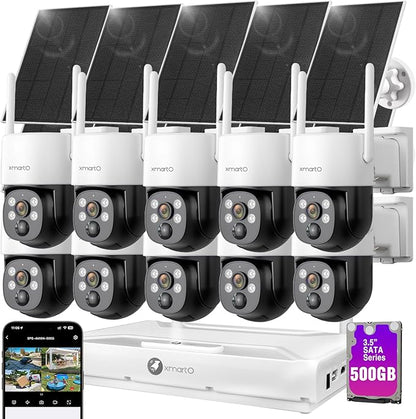 xmartO Wireless Solar PTZ Security Camera System, 10-Cam Bundle, 4MP QHD, 4K 10CH Expandable WiFi NVR, All-Weather Solar Charge, Two-Way Audio, PIR Sensor, No Monthly Fee, 500GB