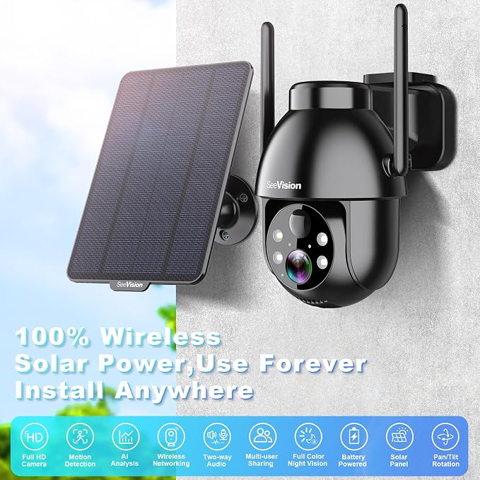 SeeVision Solar Security Cameras Wireless Outdoor, 2K PTZ WiFi 3MP Indoor Security Camera for Home with Spotlight, PIR Motion Detection,Siren, Color Night Vision, 2-Way Talk, SD/Cloud Storage