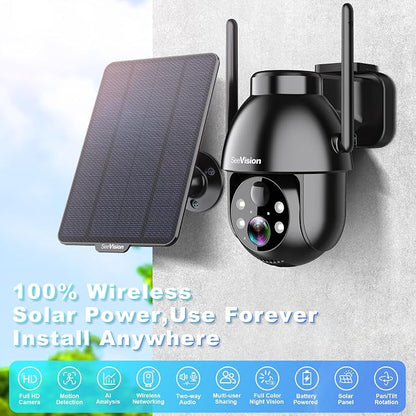 SeeVision Solar Security Cameras Wireless Outdoor, 2K PTZ WiFi 3MP Indoor Security Camera for Home with Spotlight, PIR Motion Detection,Siren, Color Night Vision, 2-Way Talk, SD/Cloud Storage