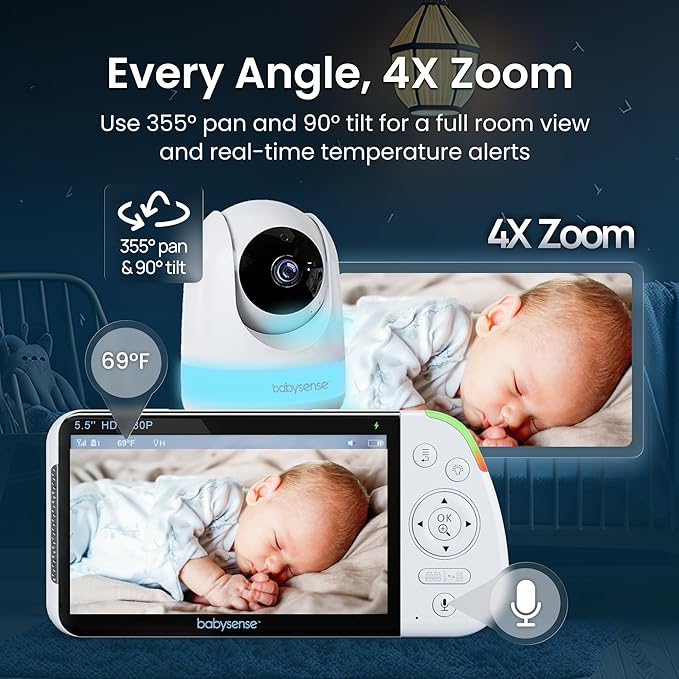 Babysense PRO Full HD 5.5" Split Screen Baby Monitor with Camera and Audio, 6-Color Night Light, White Noise, Sound & Light Machine, 20-Hour Battery, Hack-Proof Non-WiFi Secure Connection